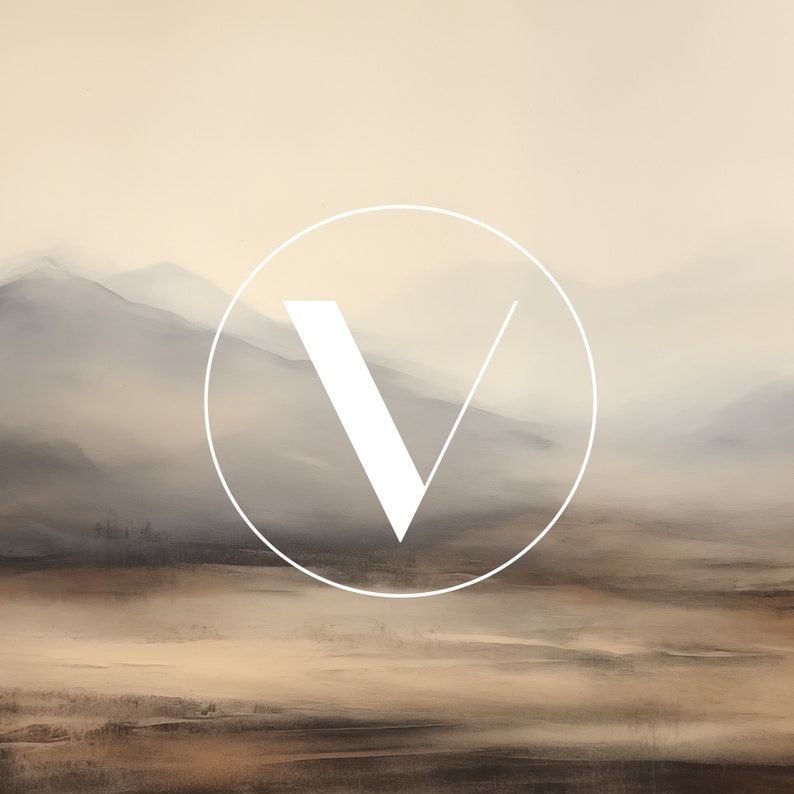 May include: A white letter V in a circle against a background of a hazy, brown landscape with mountains in the distance.