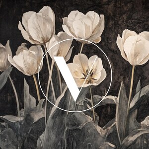 May include: A close-up of a bouquet of white tulips with dark green leaves against a dark background. The tulips are arranged in a circle with the stems pointing outwards. The image is in a vintage style.