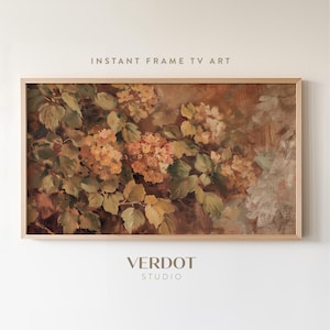 May include: A framed painting of a floral arrangement with brown, green, and white flowers. The flowers are arranged in a cluster and are surrounded by green leaves. The background is a light brown color.