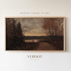 May include: A framed painting of a landscape scene with a lake, trees, and a path leading into the distance. The painting is done in muted tones of brown, green, and gray, giving it a vintage feel.