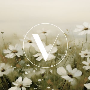 K&ouml;nnte beinhalten: Ein wei&szlig;er Buchstabe V in einem Kreis vor einem Hintergrund aus wei&szlig;en Blumen auf einem Feld.