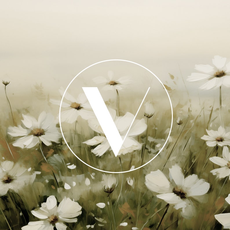 K&ouml;nnte beinhalten: Ein wei&szlig;er Buchstabe V in einem Kreis vor einem Hintergrund aus wei&szlig;en Blumen auf einem Feld.