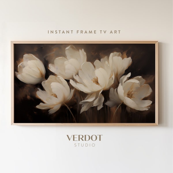 Spring Tulips Frame TV Art, Neutral Flower Tv Art, Moody Vintage Floral Oil Painting, Spring Botanical Easter Screensaver | TV2407