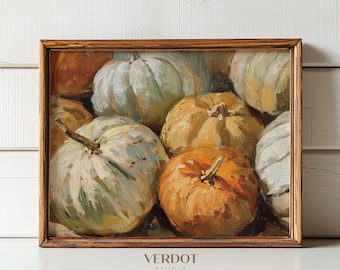 Puede incluir: Una pintura enmarcada de un bodegón con una colección de calabazas en varios tonos de verde, amarillo y naranja. Las calabazas están dispuestas en un grupo, con algunas superpuestas. La pintura tiene un aspecto rústico y vintage.