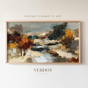 Puede incluir: Pintura de paisaje enmarcada con una escena de río. La obra presenta una paleta de verdes, marrones y amarillos apagados, con pinceladas visibles. El texto "INSTANT FRAME TV ART" está en la parte superior y "VERDOT STUDIO" en la inferior.