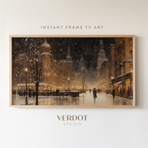 Snowy Winter Night Frame Tv Art, Moody Neutral Christmas Frame Tv Art, Vintage Winter City Painting Download, Christmas Decor | TV2330