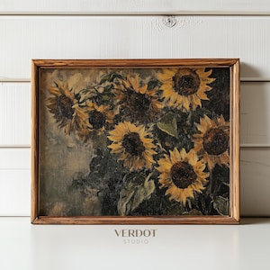Vintage Sonnenblumen Malerei Herbst Druck, druckbare Wandkunst, dunkle Herbst Herbst Dekor, Stillleben Blumen Kunstwerk Poster | 24157