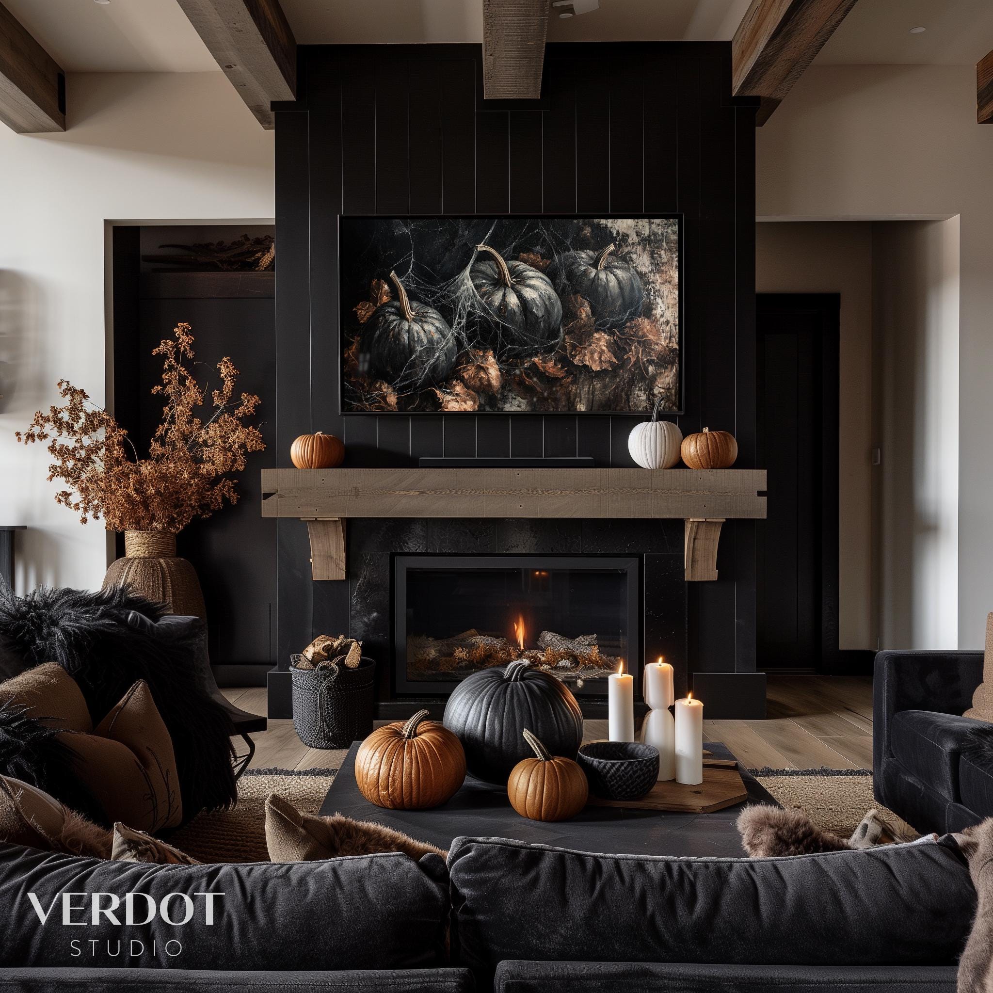 Black Pumpkins Halloween Frame TV Art, Dark Halloween Decor