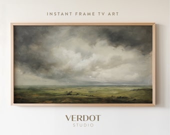 Cloudy Vintage Spring Frame TV Art, Moody Country Landscape Painting, Antique Scenery Tv Art, Stormy Grey Sky Summer Screensaver | TV2426