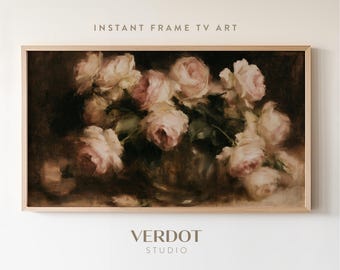 Vintage Fall Roses Frame TV Art, Dark Brown Autumn Floral Painting | TV26070