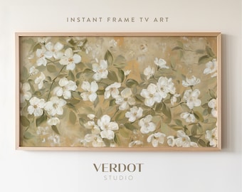 Neutral Vintage Flowers Frame TV Art, Summer Tv Art, Rustic White Floral Painting, Country Beige Spring Botanical Screensaver | TV2466