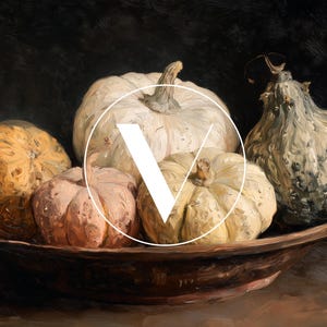 May include: A still life painting of various gourds and pumpkins in a wooden bowl. The gourds range in color from pale yellow to orange and green, with textured surfaces and stems. The bowl is dark brown, set against a dark background.
