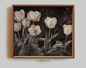 May include: A framed print of a watercolor painting featuring white tulips with dark green leaves on a black background. The frame is a light brown wood.
