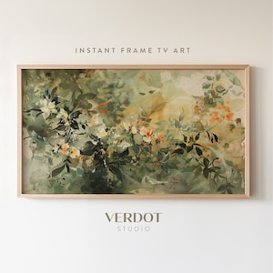 Dark Green Flower Frame TV Art, Vintage Summer Floral Painting, Earthy Botanical TV Art, Rustic Summer Abstract Country Decor | TV24104