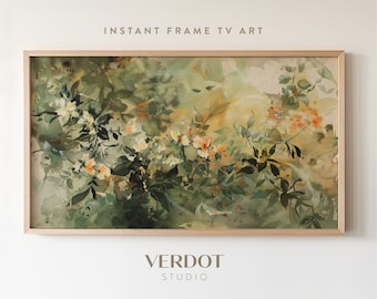 Dark Green Flower Frame TV Art, Vintage Summer Floral Painting, Earthy Botanical TV Art, Rustic Summer Abstract Country Decor | TV24104