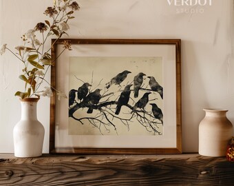 Stampa artistica su tela con strega gotica e corvo - decorazione da
