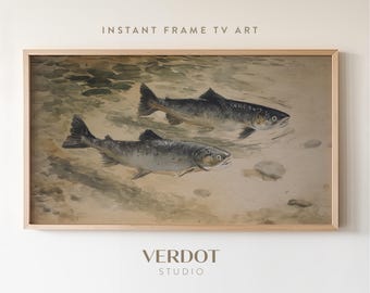 Neutral Fish Frame TV Art, Vintage Blue Beige Painting, Neutral Rustic Tv Download, Country Summer Screensaver, Summer Spring Art | TV25064