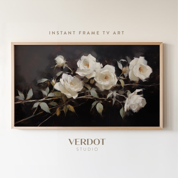 White Roses Flower Frame TV Art, Vintage Floral Oil Painting, Botanical Valentines Day Frame TV Art, Dark Moody Neutral Decor | TV2345