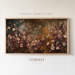 May include: Abstract painting of a field of pink and white flowers with a brown, green, and blue background. The painting is framed in a light wood frame.