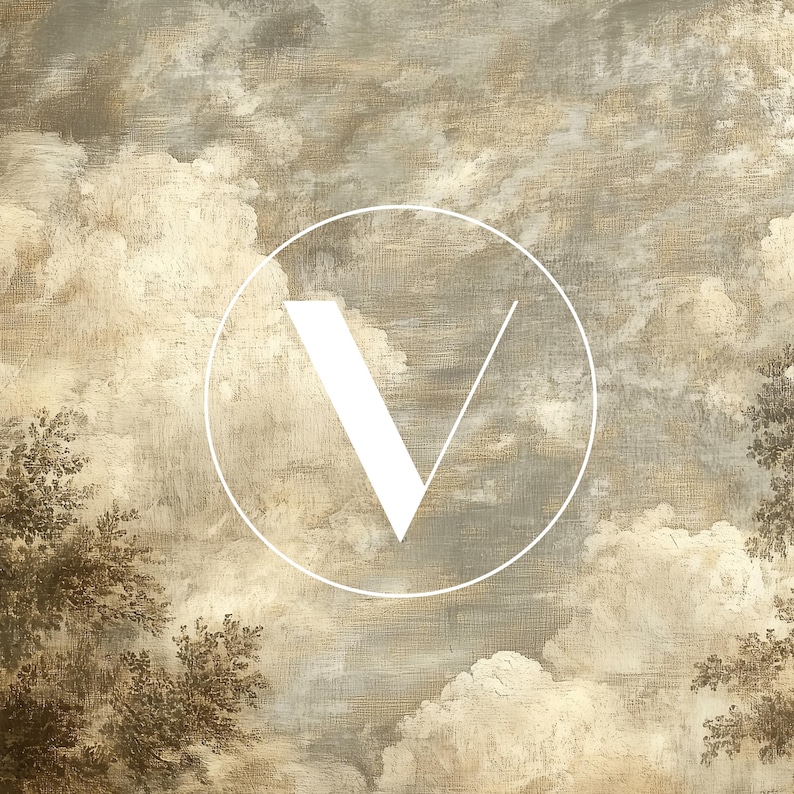 May include: A white letter V in a circle on a background of painted clouds in shades of brown, beige, and gray.