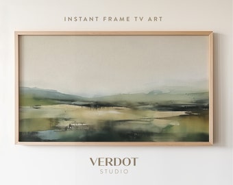 Spring Landscape Frame TV Art, Green Earthy Field Abstract Painting, Rustic Modern Summer Scenery Minimalist Decor | TV2351