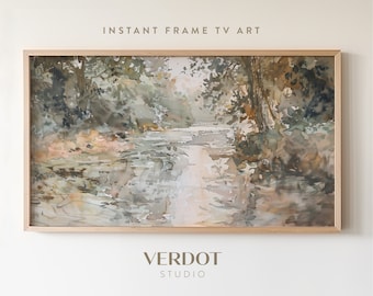 Country River Spring Frame TV Art, Vintage Summer Landscape Painting, Abstract Watercolour Painting, Neutral Soft Easter Decor | TV2438