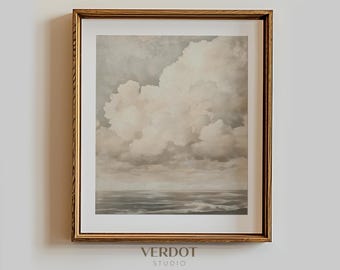Neutral Cloud Beach Print, Vintage Ocean Painting, Printable Wall Art, Spring Decor, Antique Soft Cloudy Sky Nursery Wall Art | 25026