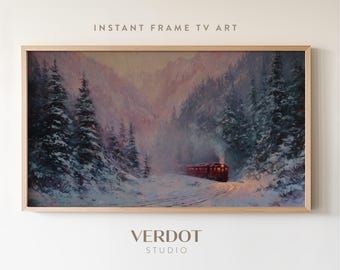 Winter Christmas Train Frame Tv Art: Pink Sunset Mountain Holiday Painting Screensaver | TV25171