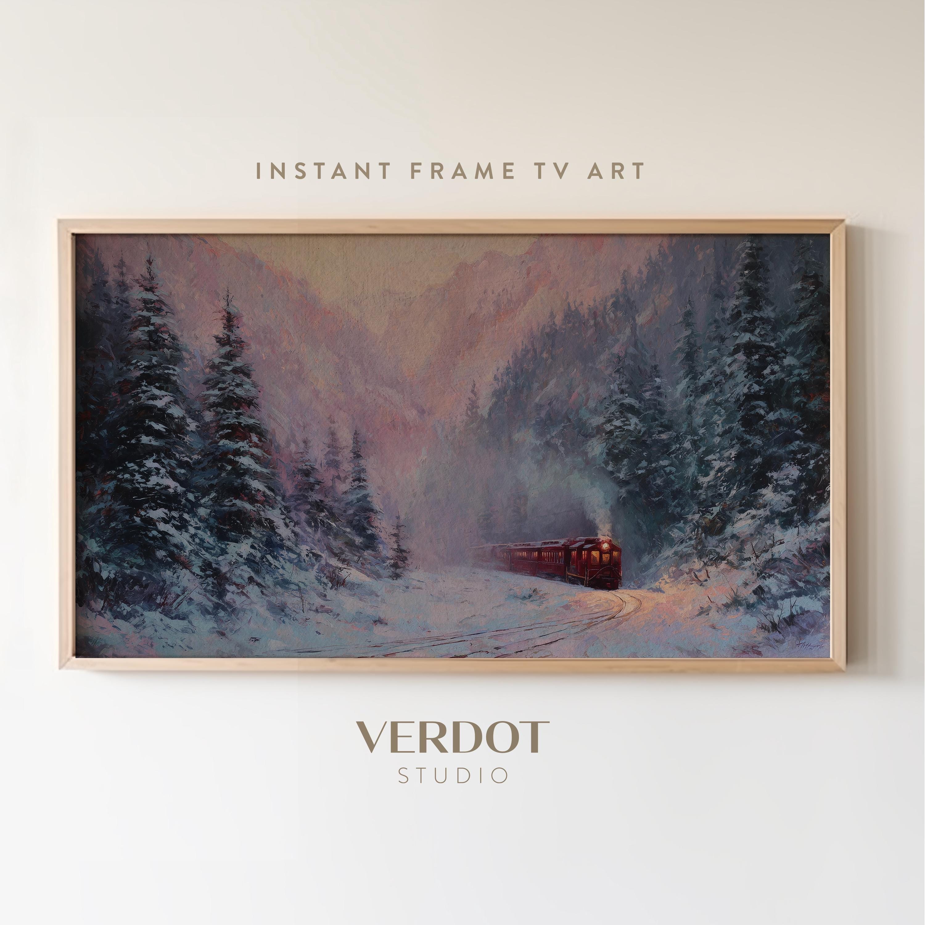 Winter Christmas Train Frame Tv Art: Pink Sunset Mountain Holiday