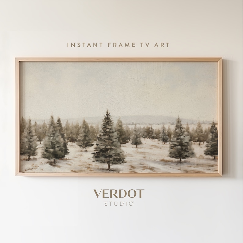 May include: A framed painting of a winter landscape with a field of pine trees in the foreground. The trees are painted in shades of green and brown, and the ground is covered in white snow. The sky is a soft blue, and the horizon is a hazy line of trees in the distance. The painting is framed in a simple wooden frame.