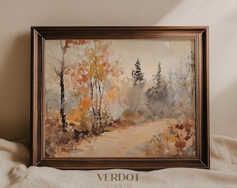 May include: A framed watercolor painting of a forest scene in autumn. The artwork features a path winding through trees with orange and yellow leaves. The frame is a dark brown color. The text "VERDOT STUDIO" is at the bottom.
