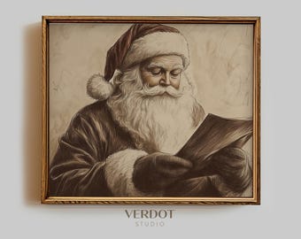 Santa Reading Christmas Decor Print: Printable Wall Art Neutral Vintage Sketch | 24128