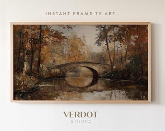 Fall Bridge Autumn Frame TV Art, Vintage Landscape River Forest Painting, Dark Earthy Fall Decor, Country Scenery Tv Screensaver | TV24194
