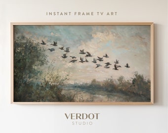 Flying Bird Flock Spring Frame TV Art, Vintage Style Landscape Painting, Muted Country Farmhouse Scenery, Rustic Summer Screensaver | TV2463