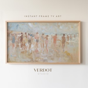Arte TV con cornice estiva sulla spiaggia, pittura astratta di persone, download TV di scenari costieri beige, salvaschermo Ocean Beach / TV2491
