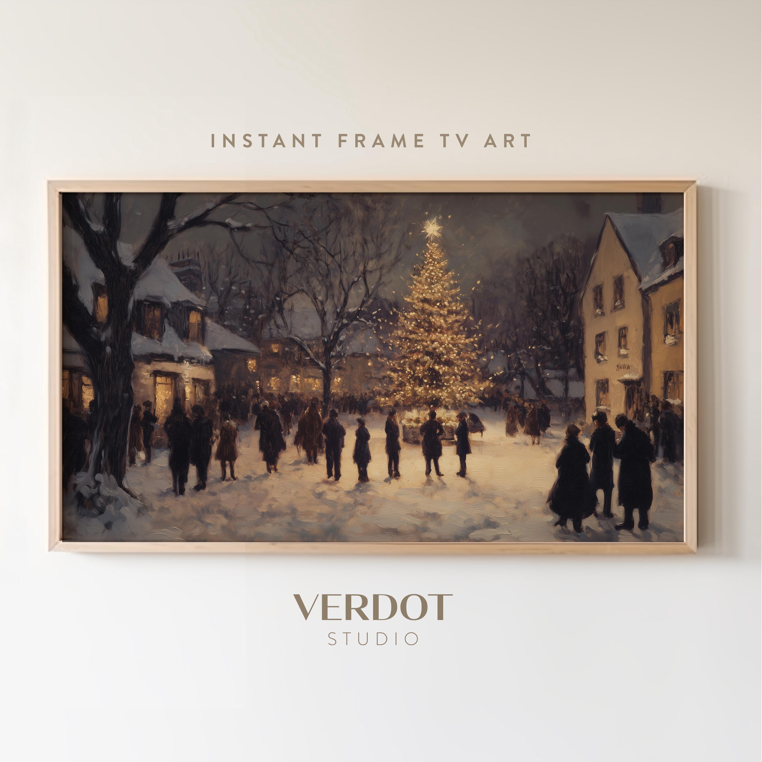 クリスマスツリータウンフレームテレビアート、冬の村の夜の絵画