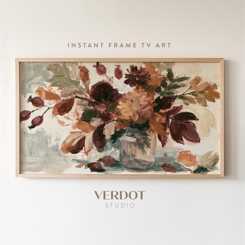 May include: A rectangular digital artwork titled INSTANT FRAME TV ART by VERDOT STUDIO, featuring an oil painting style floral arrangement in a glass vase with deep burgundy, burnt orange, and muted green tones on a light background.