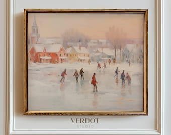 Vintage Ice Skaters Winter Print, Christmas Printable Wall Art, Small Village Town Painting, Holiday Decor Poster | SKU2302