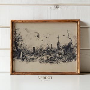 Friedhof Skizze Halloween Druck, Halloween Dekor druckbare Wandkunst, Gruselige Gruselige Zeichnung, Rustikale Herbst Landschaft Poster | 24166