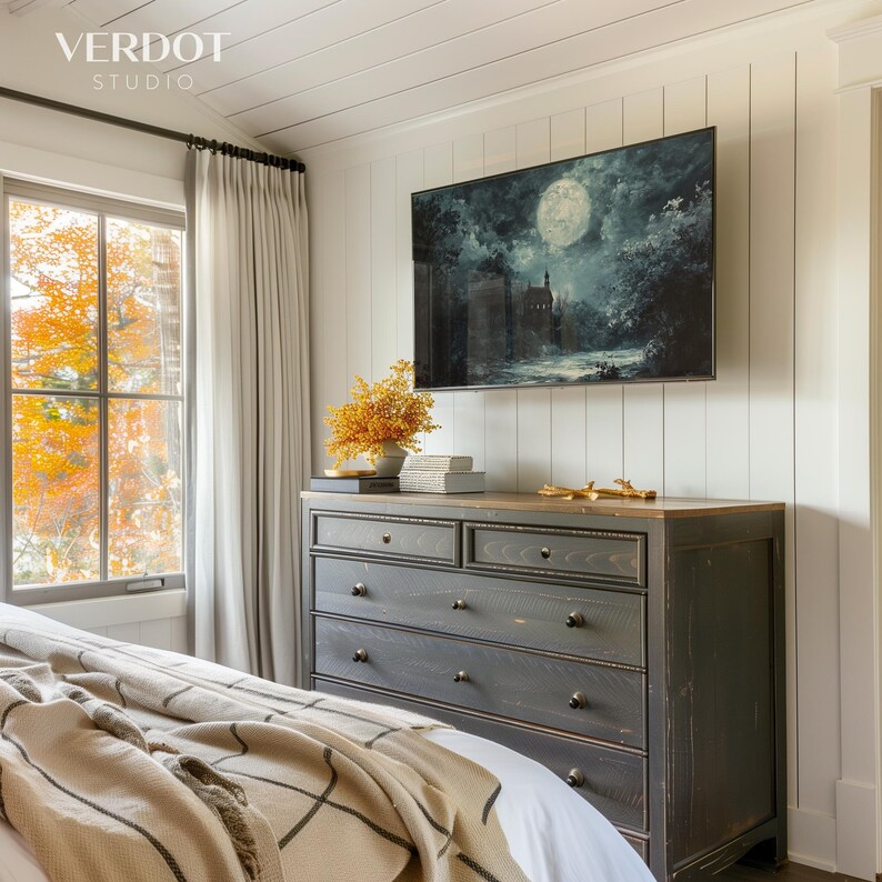 Haunted House Halloween Frame TV Art, Vintage Spooky Church Landscape