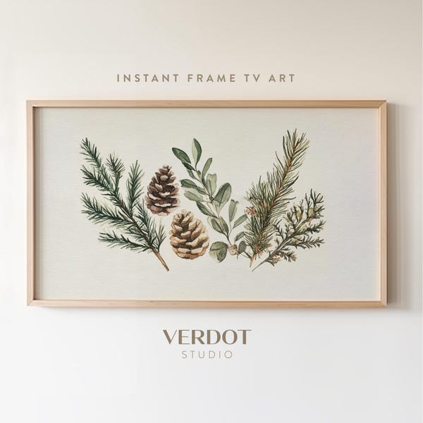 Christmas Decor Winter Frame Tv Art, Evergreen Botanical Christmas Screensaver, Earthy Neutral Nature Screensaver | TV24244