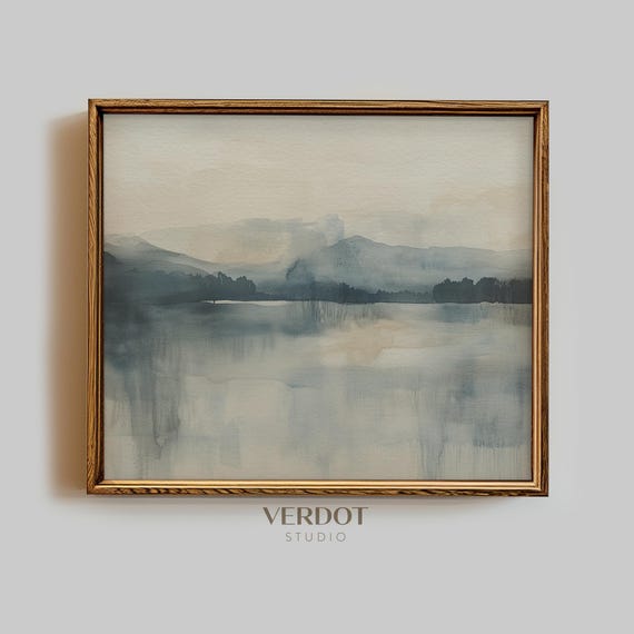 Blue Abstract Landscape Print, Spring Printable Wall Art, Summer Decor, Soft Country Lake Print, Abstract Painting, Muted Wall Decor | 25047