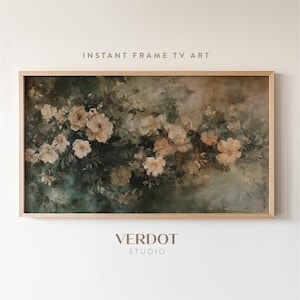 May include: A framed painting of a floral arrangement with soft, muted colors. The painting features a cluster of pale pink roses with green leaves against a blurred background.