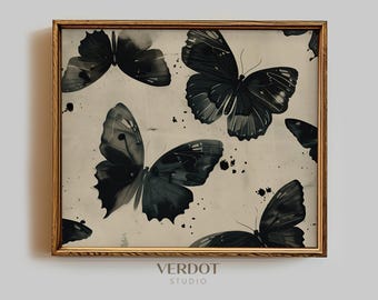 Czarny motyl malarstwo, Halloween wydruk, wydrukowana sztuka ścienna, Dark Academia wydruk, Halloween wystrój, neutralne motyle pobierz | 24142