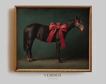 Lámina navideña con caballo: Arte mural imprimible, decoración navideña, pintura campestre clásica vintage / 25153