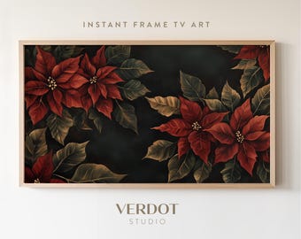 May include: A digital art print featuring a dark green background with red poinsettia flowers and green leaves. The print is framed in a light wood frame.