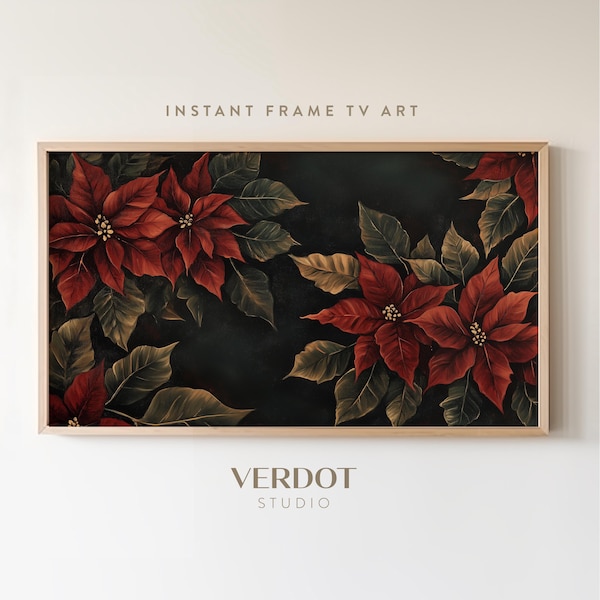 Poinsettia Christmas Frame Tv Art, Vintage Floral Christmas Decor, Dark Red Holiday Flower Painting, Winter Botanical Screensaver | TV24259