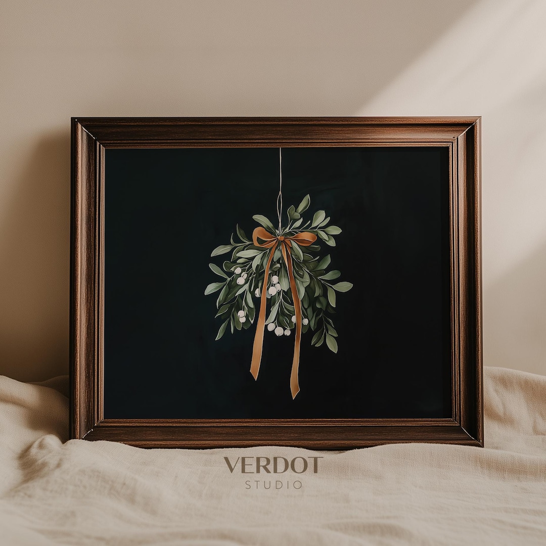 Mistletoe Painting Christmas Print, Printable Wall Art, Dark Moody
