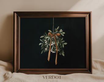Mistelzweig Malerei Weihnachtsdruck, druckbare Wandkunst, dunkle schwermütige antike Feiertagsdrucke, Weihnachtsdekoration, botanisches Plakat | 24236