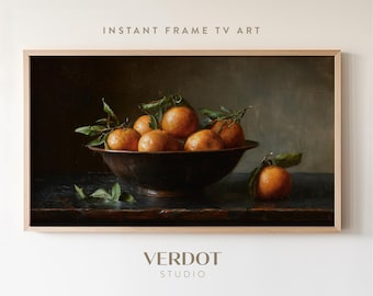 Clementine Winter Frame Tv Art: Moody Christmas Fruit Still Life Painting Tv Digital Download | TV25175
